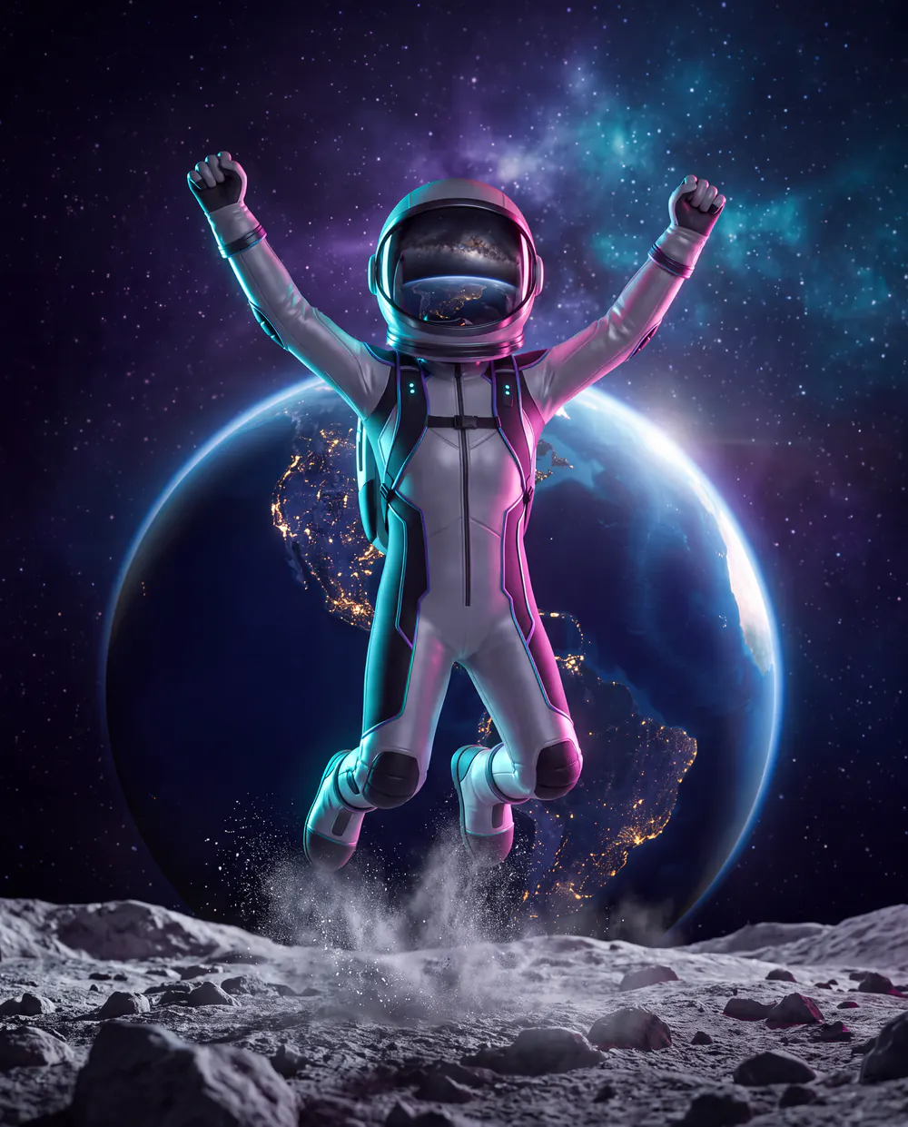 Child in an astronaut suit jumping on the surface of the Moon, with Earth in the background