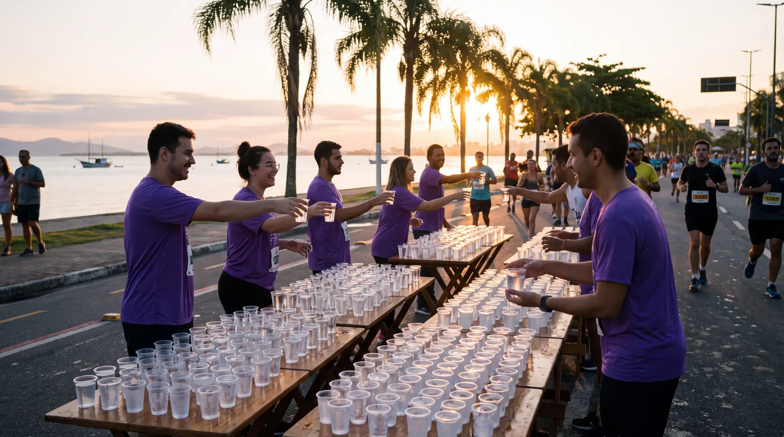 Voluntarios entregan vasos de agua a los corredores en un puesto de hidratación sobre la avenida