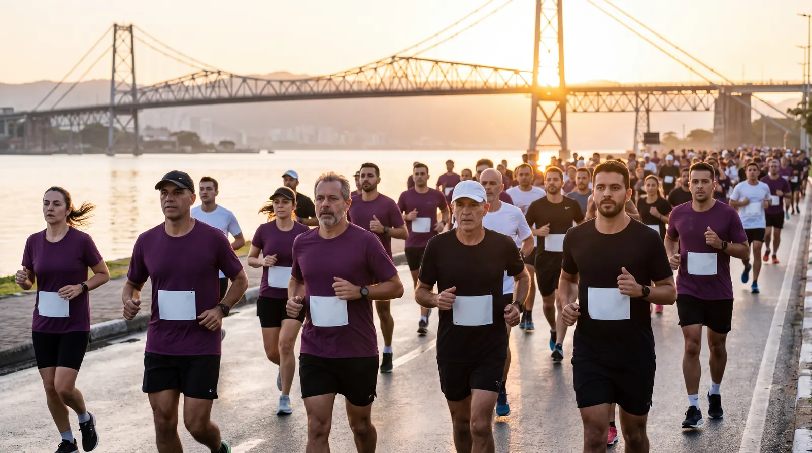 Grupo de corredores en la costanera al amanecer, con el puente colgante de fondo