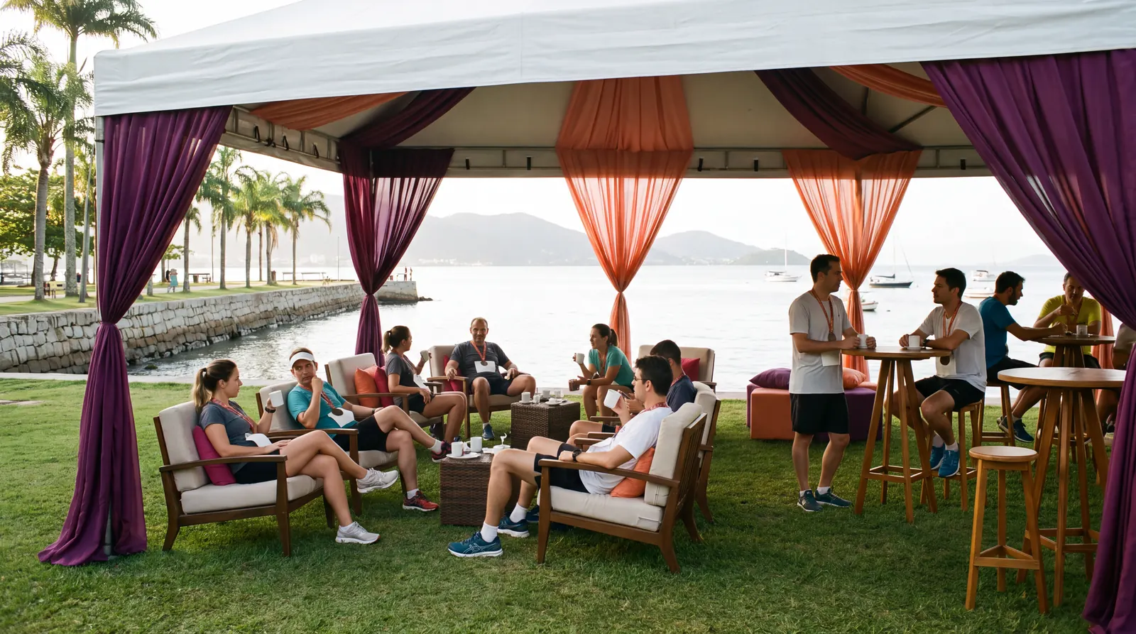 Carpa VIP con cortinas violetas y salmón sobre el césped a orillas de la bahía, con finishers descansando