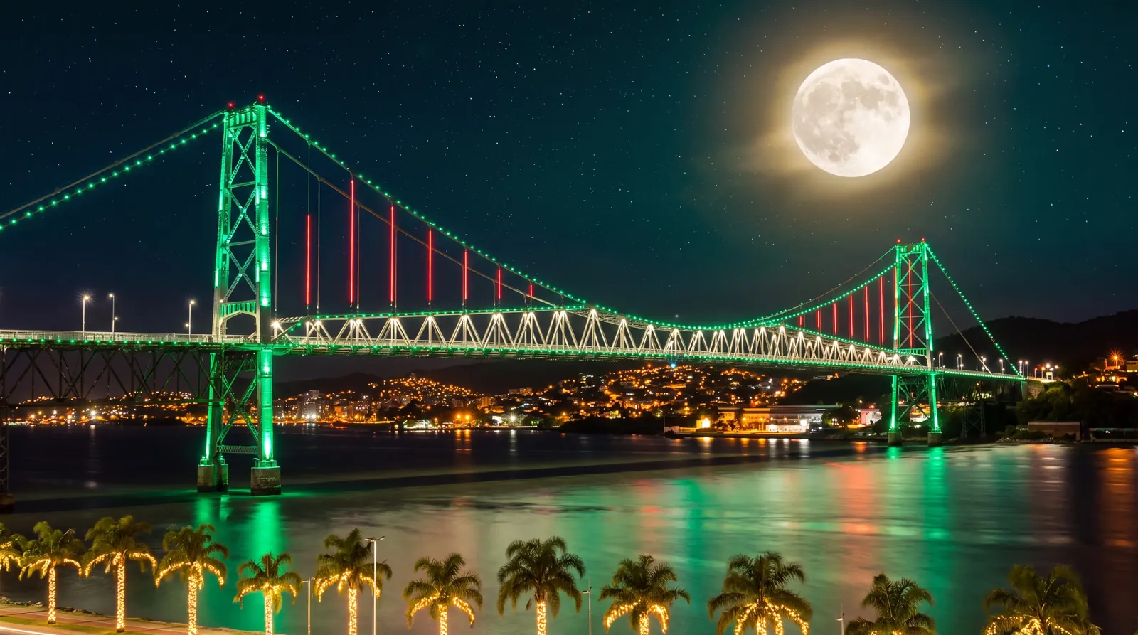 La Ponte Hercílio Luz iluminada de verde y rojo bajo la luna llena, vista desde la Beira-Mar Continental