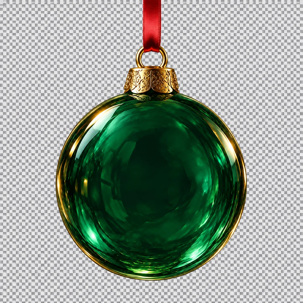 Bola de Natal verde com acabamento dourado, suspensa por uma fita vermelha