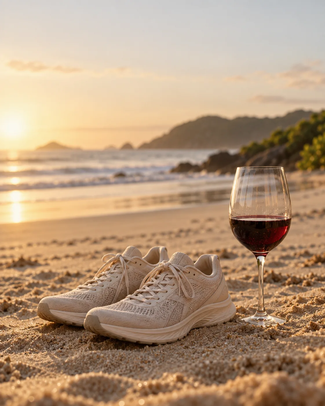 Imagem conceitual: tênis de corrida e uma taça de vinho junto ao mar ao pôr do sol