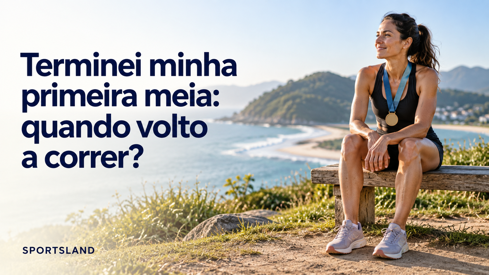 A imagem mostra uma corredora sentada em um banco de madeira, com roupa esportiva preta, tênis claros e uma medalha no peito. Sua expressão tranquila e sorridente transmite satisfação e descanso após a conquista.