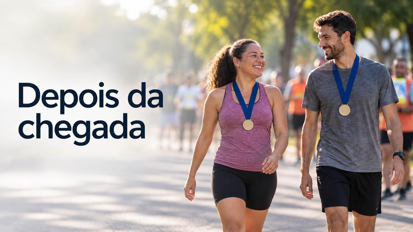 dois corredores adultos, com perfis e corpos diferentes, caminhando confortavelmente após uma prova genérica. Medalhas sem marcas, voluntários discretos ao fundo e luz suave.