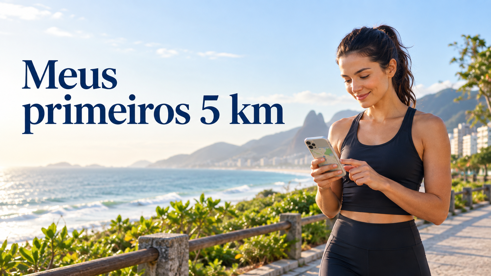 uma mulher adulta em roupa esportiva, preparando-se para uma saída tranquila em calçadão costeiro, conferindo no celular um mapa genérico sem texto legível. Expressão confiante, mar e vegetação ao fundo, luz suave da manhã e espaço limpo à esquerda.
