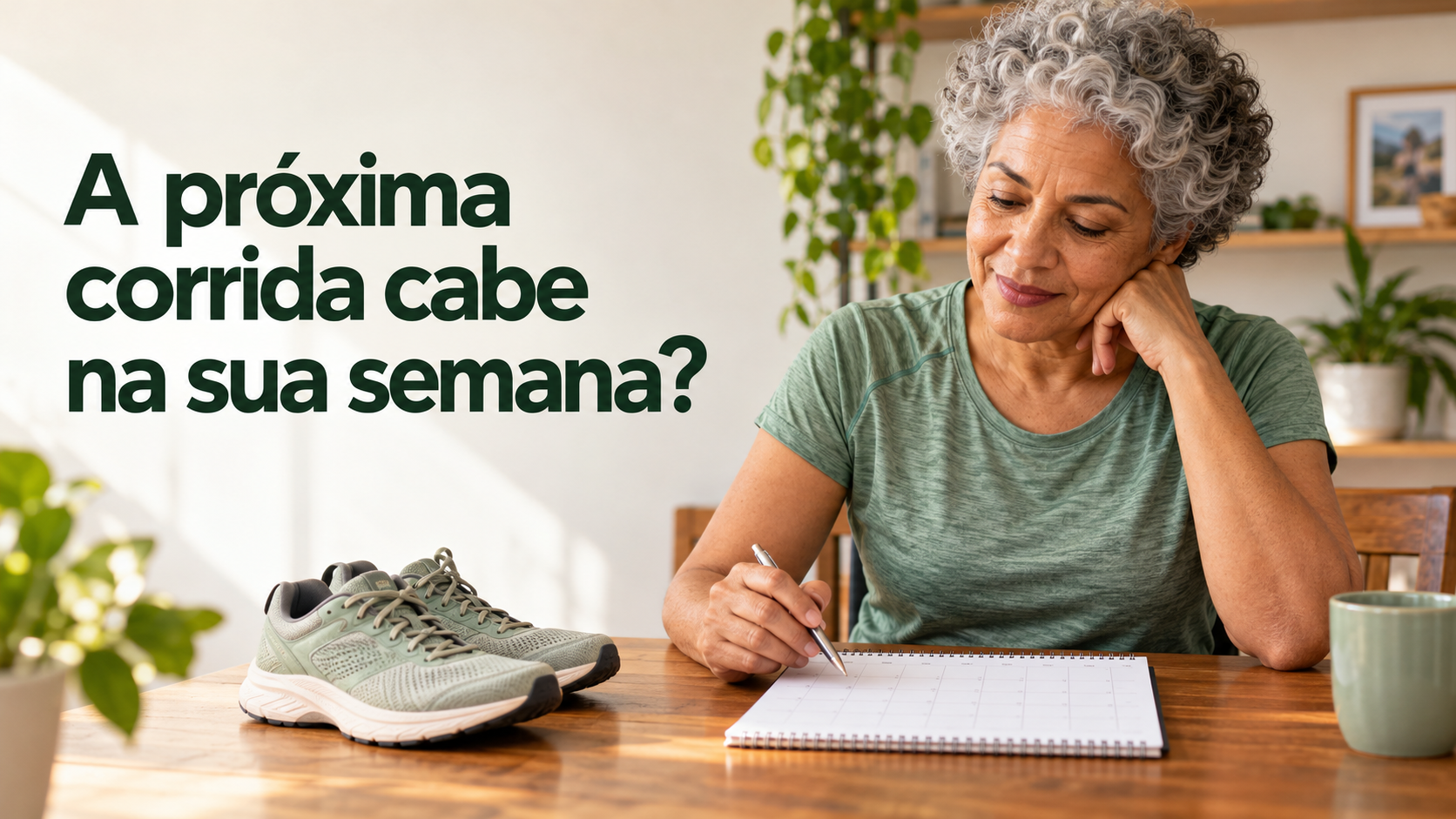 corredora consultando um calendário em casa, tênis ao lado e luz natural.