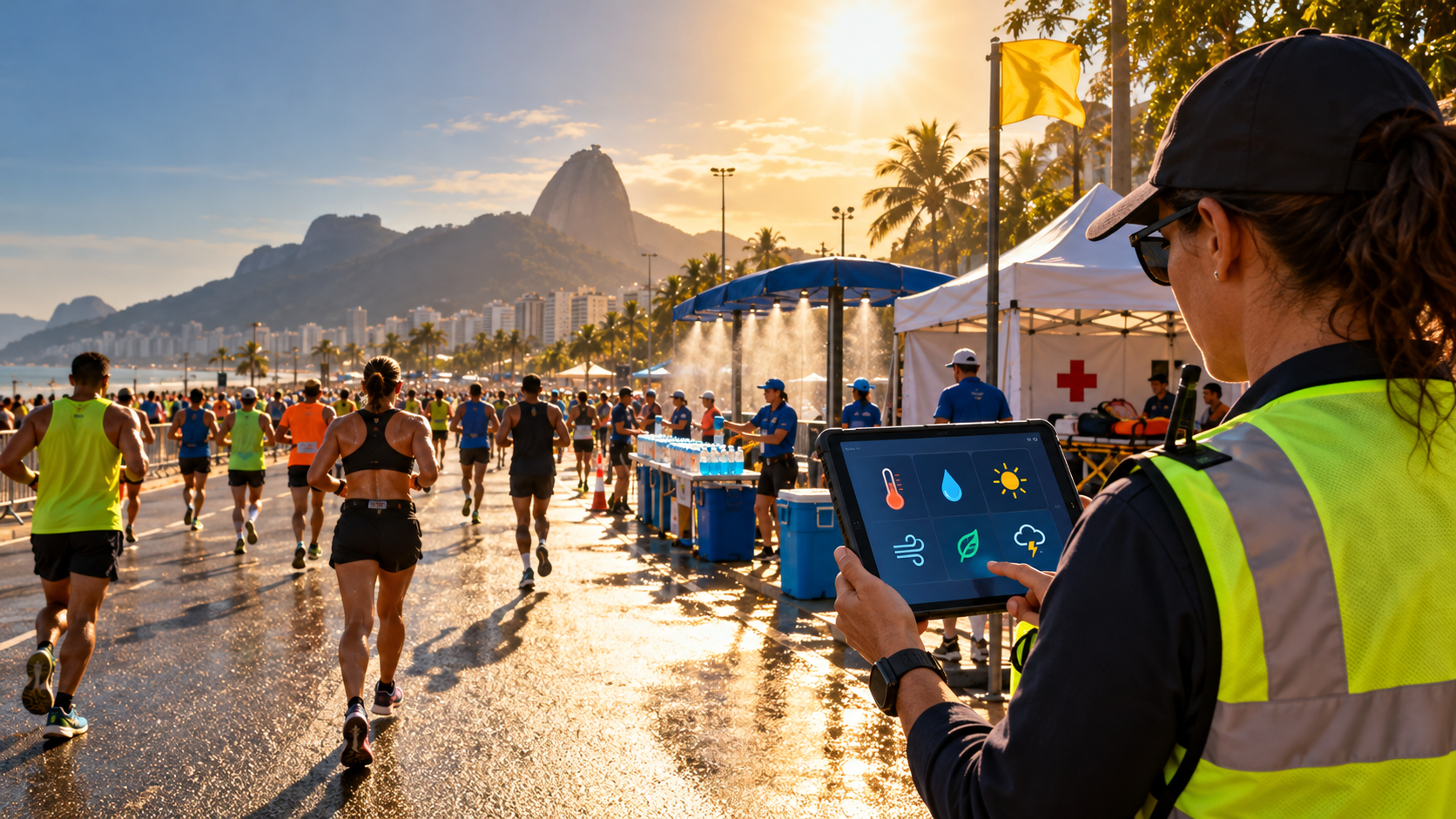 La imagen muestra una carrera de calle bajo un sol intenso. Un profesional sigue indicadores climáticos en una tablet, mientras los corredores pasan por puestos de hidratación, nebulización y atención médica.