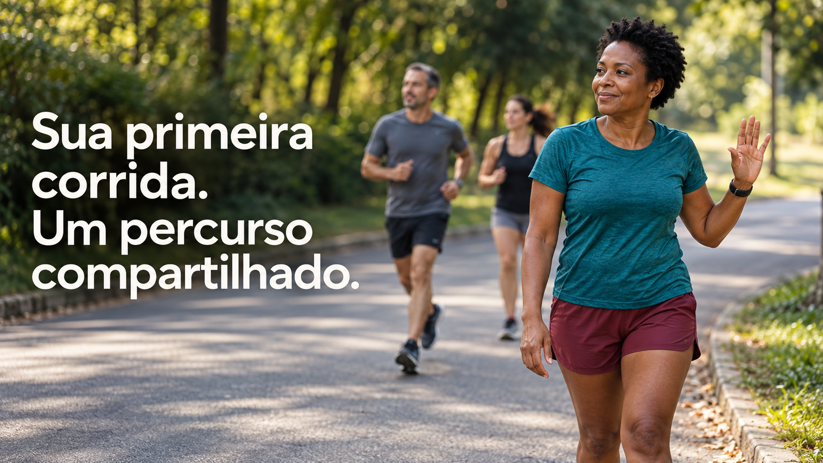 Corredora sinaliza uma transição para caminhada enquanto outros participantes seguem com espaço ao lado.