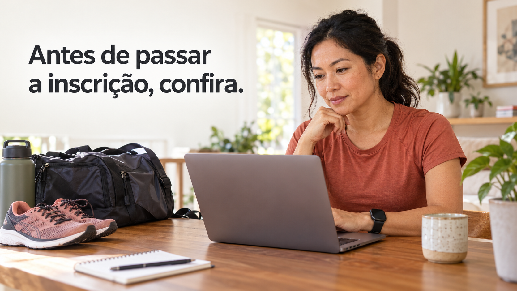 Corredora consulta uma página de inscrição no notebook, com bolsa e tênis ao lado.