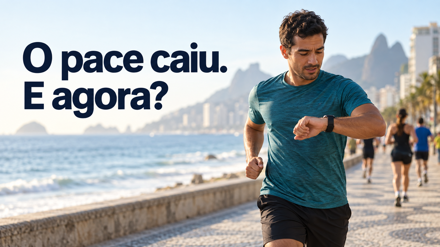 Corredor em uma via à beira-mar olha para o relógio no pulso, com outros corredores e prédios ao fundo.