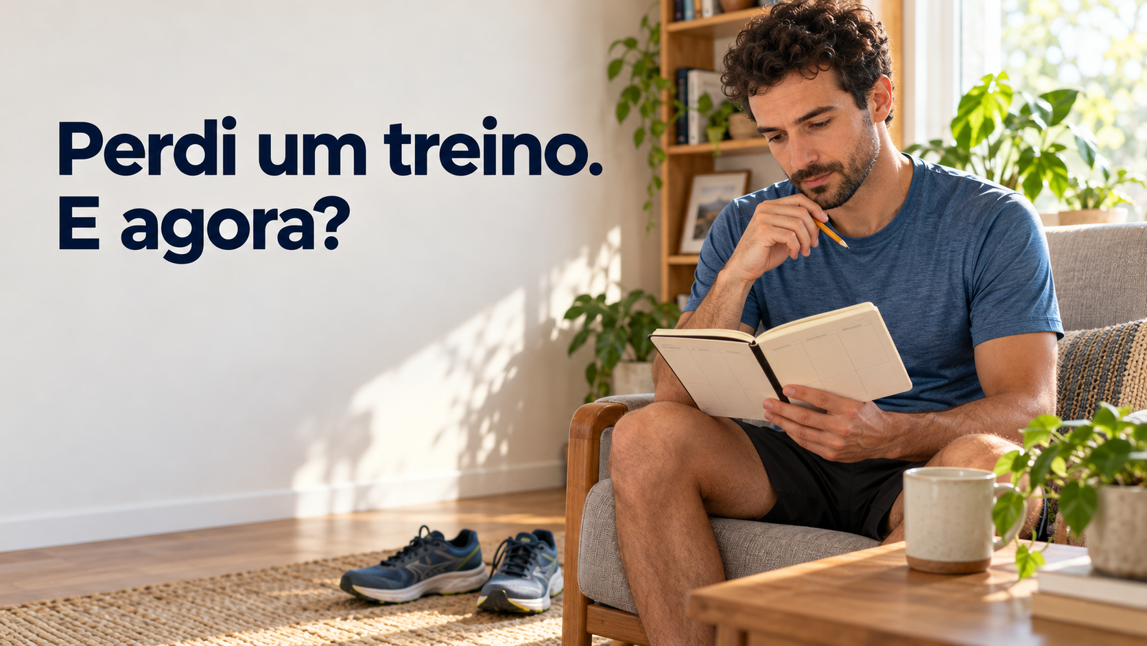 Un corredor sentado en su casa revisa una agenda, con las zapatillas cerca de la silla.