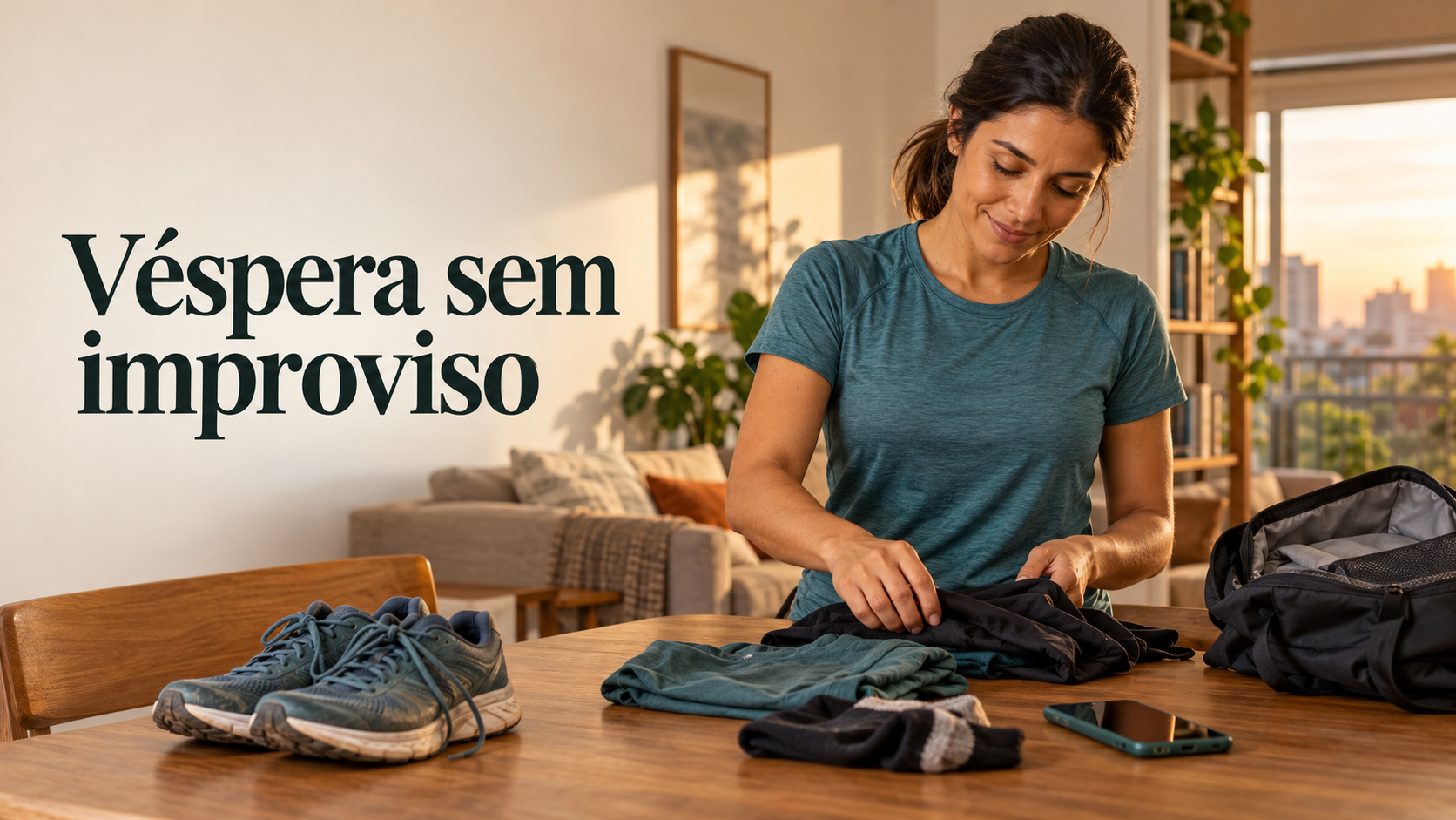 Una corredora ordena ropa, zapatillas y mochila sobre una mesa en su casa, con la luz suave del final de la tarde.